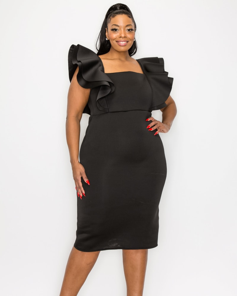 Front of a model wearing a size 1X Charlie Flutter Sleeve Dress in Black by L I V D. | dia_product_style_image_id:267232
